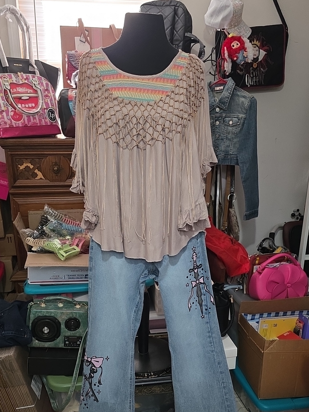 Judith March Cream Boho Fringe Tunic with Pastel Embroidered Yoke